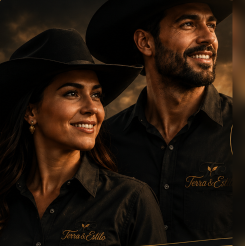 Casal com chapéus na campanha Coleção Raízes do Sul — Terra & Estilo.